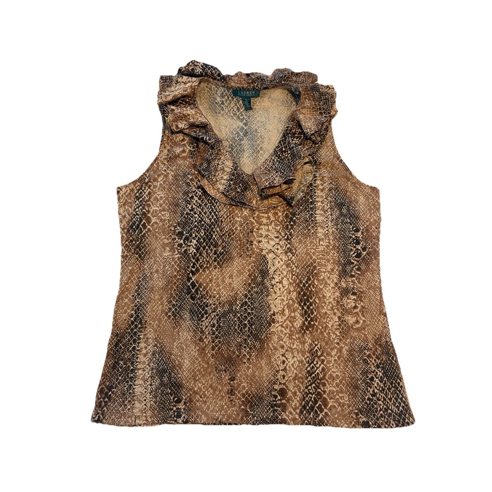 Lauren Ralph Lauren Leopard Print Ruffle Blouse Sleeveless Button Front Size XL